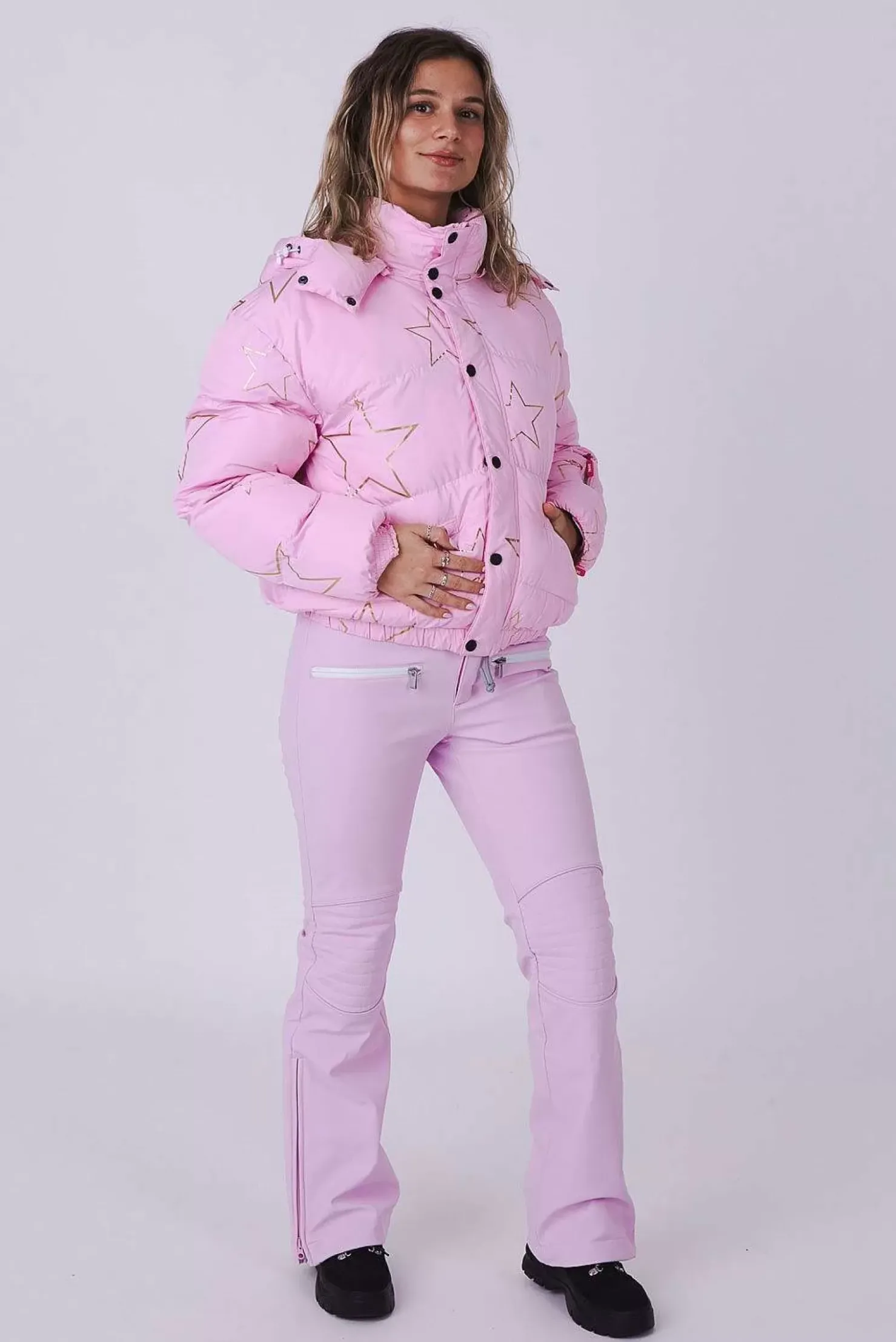 Women OOSC Snow Jackets>Pink With Stars Chic Puffer Jacket