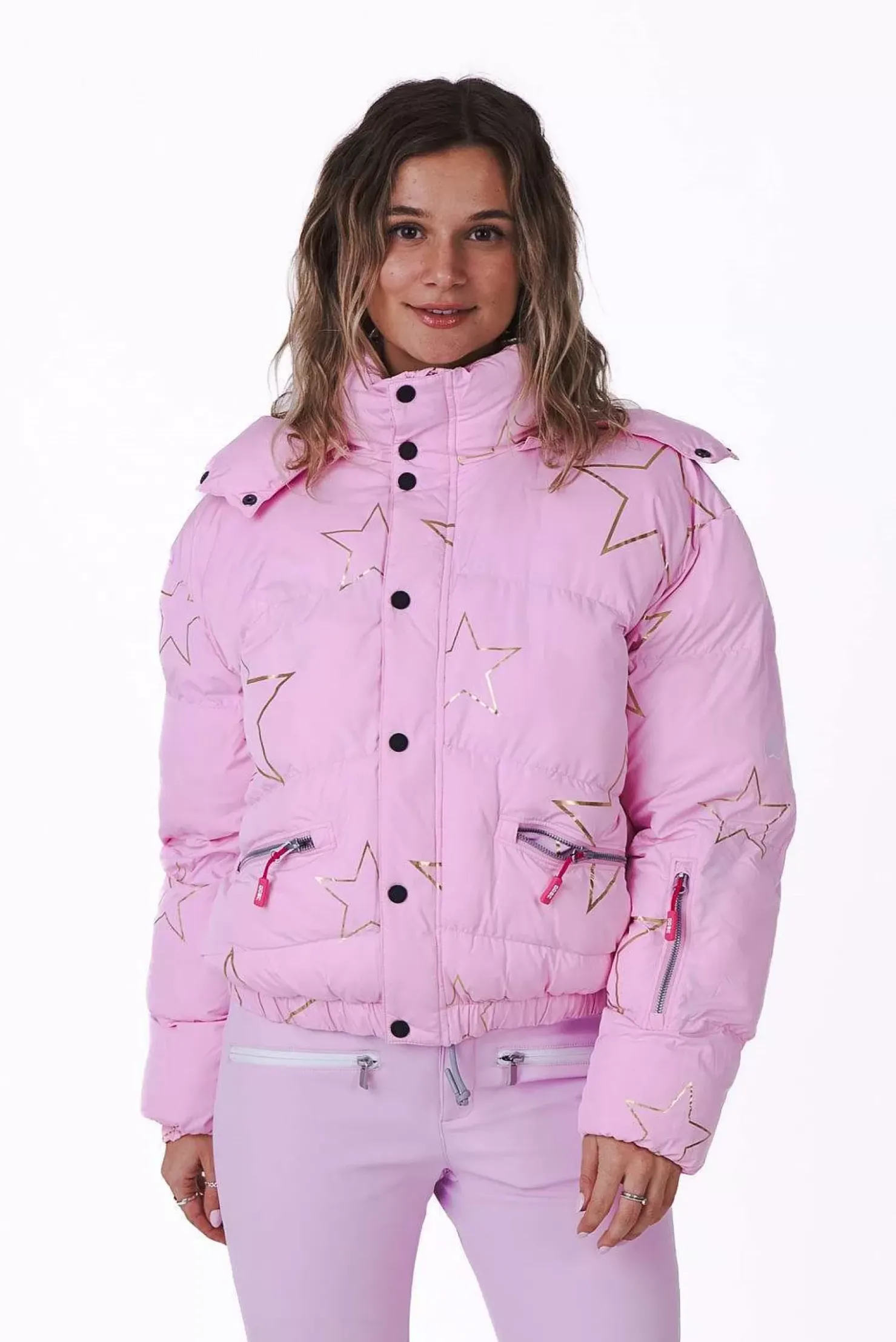 Women OOSC Snow Jackets>Pink With Stars Chic Puffer Jacket