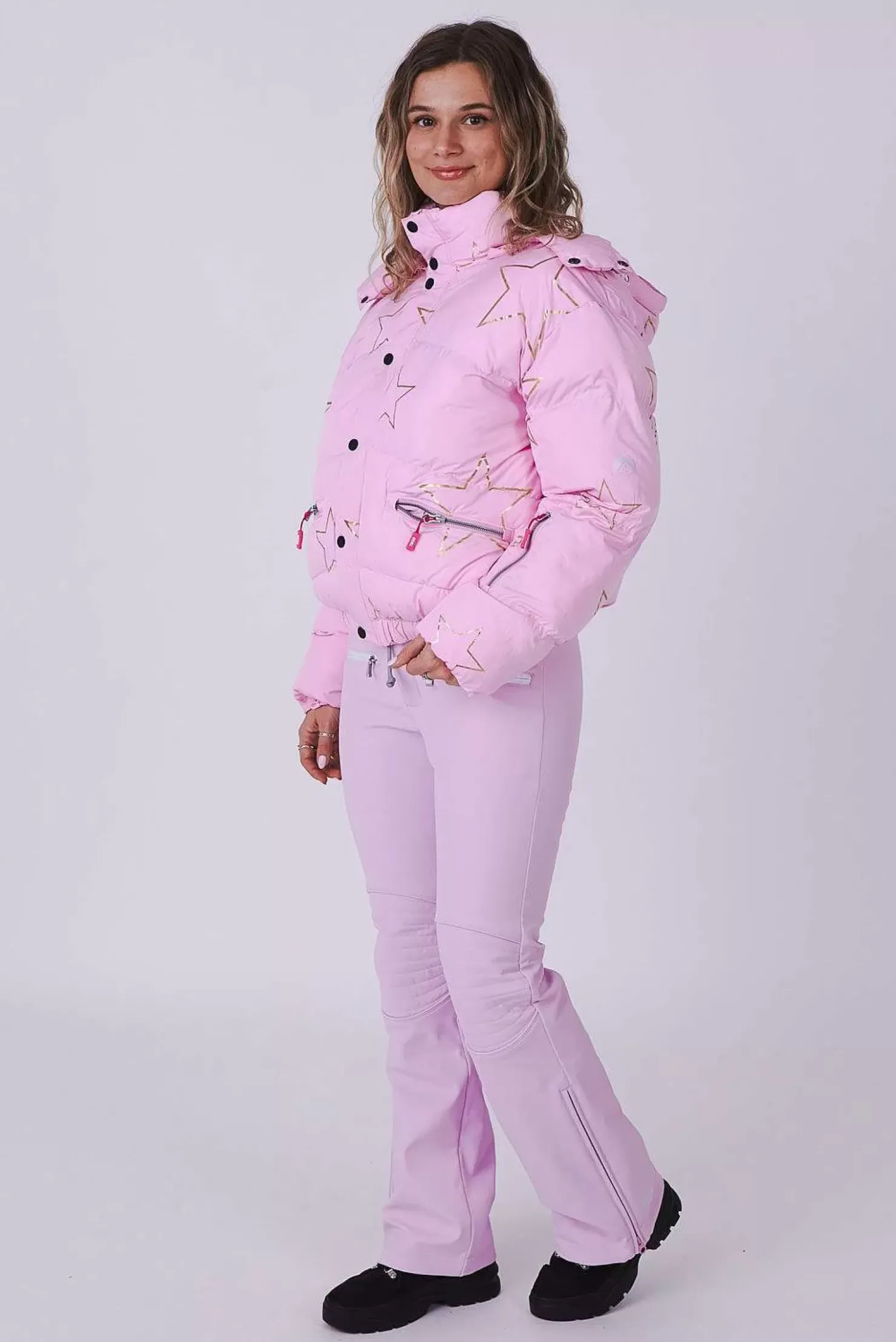 Women OOSC Snow Jackets>Pink With Stars Chic Puffer Jacket