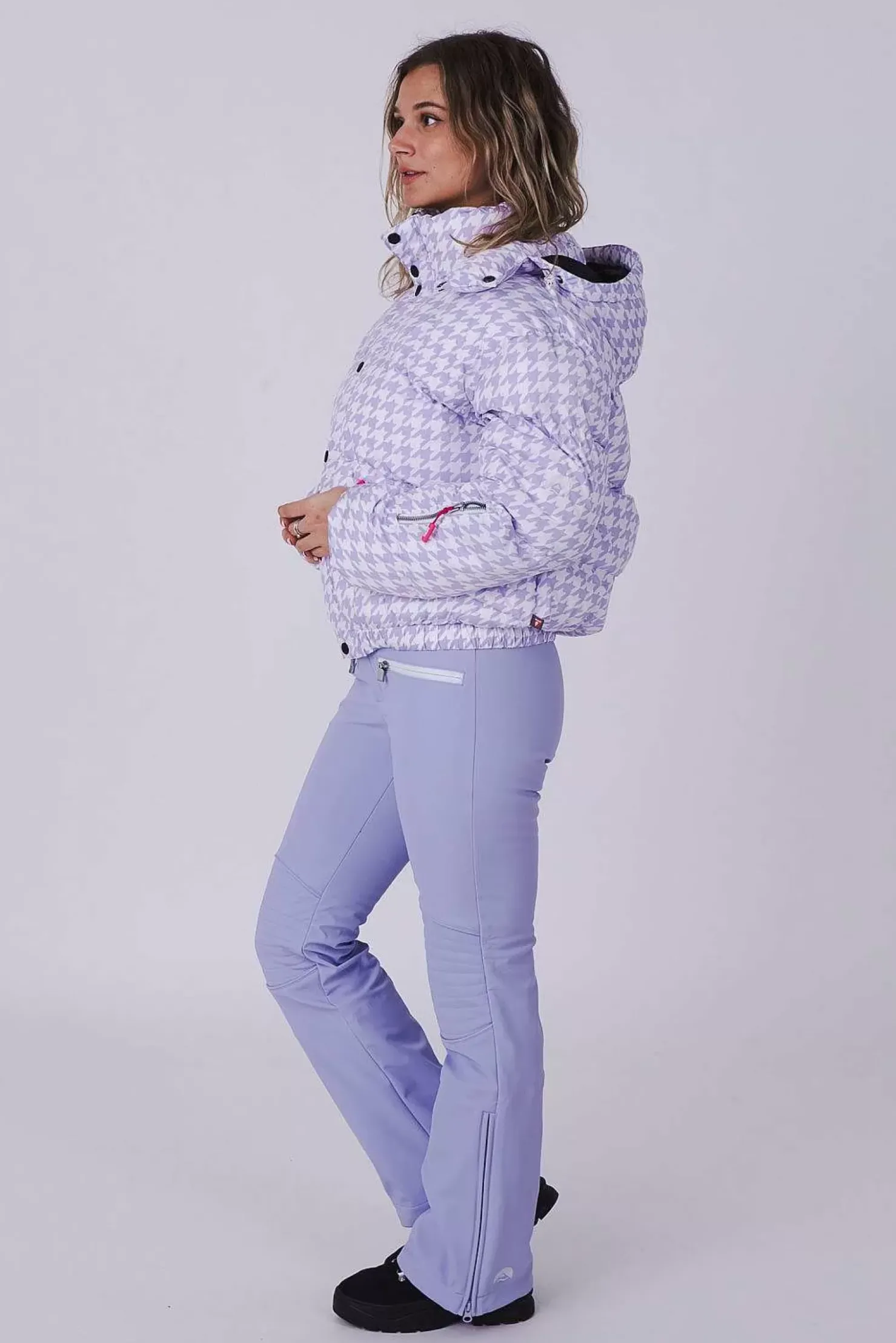 Women OOSC Snow Jackets>Purple Houndstooth Chic Puffer Jacket