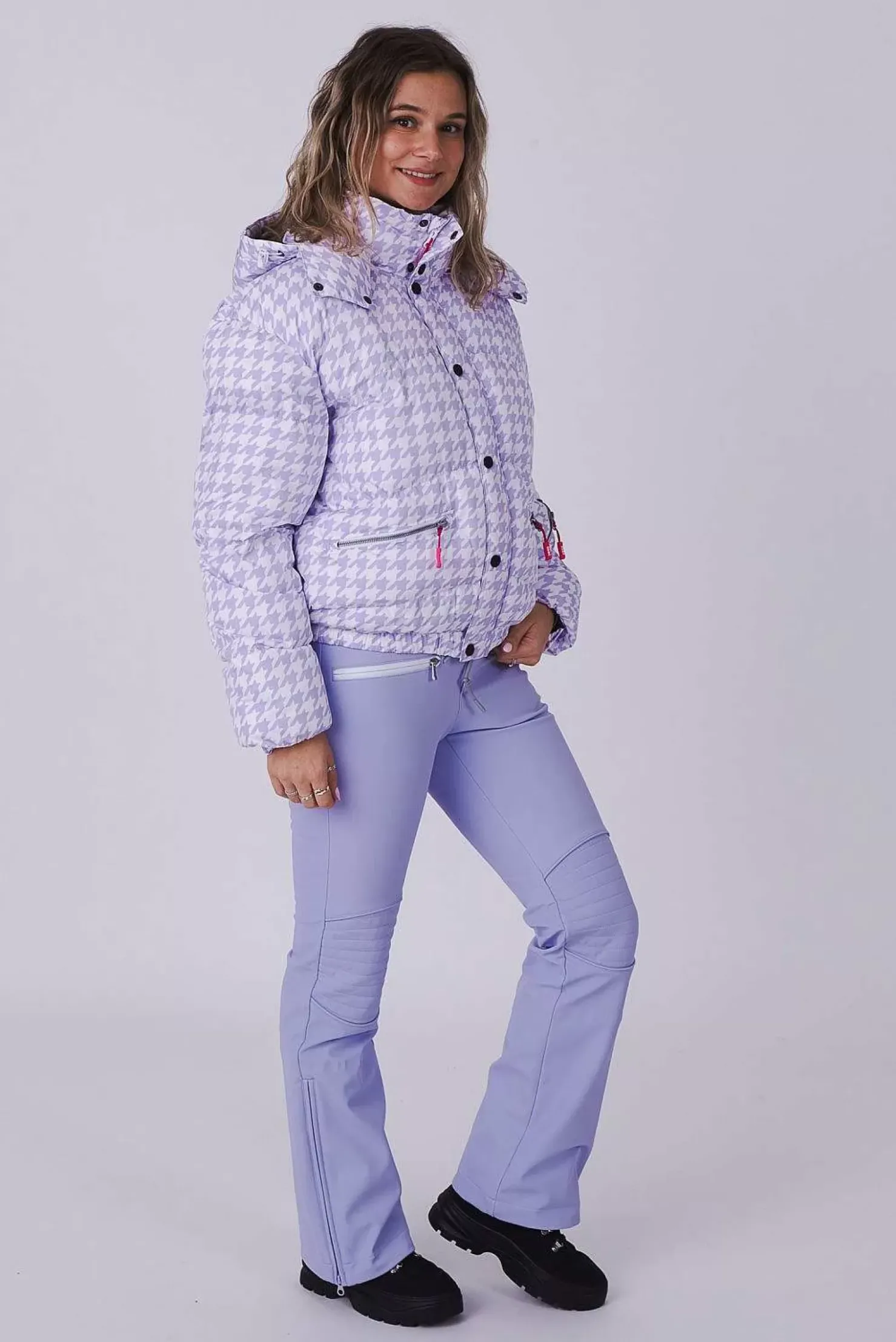 Women OOSC Snow Jackets>Purple Houndstooth Chic Puffer Jacket