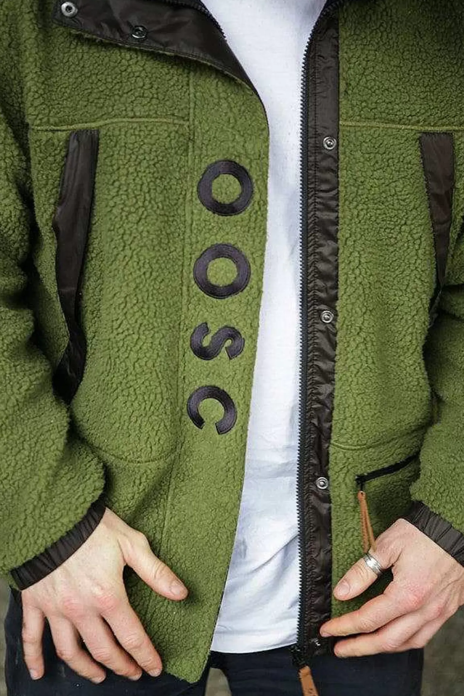 Men OOSC Fleeces>Sherpa Fleece Jacket - Khaki / Black - Men'S