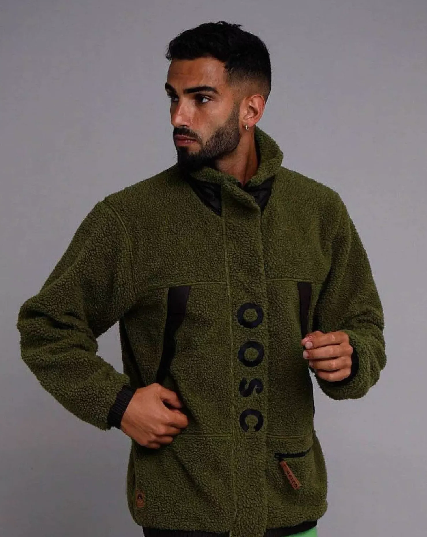 Men OOSC Fleeces>Sherpa Fleece Jacket - Khaki / Black - Men'S