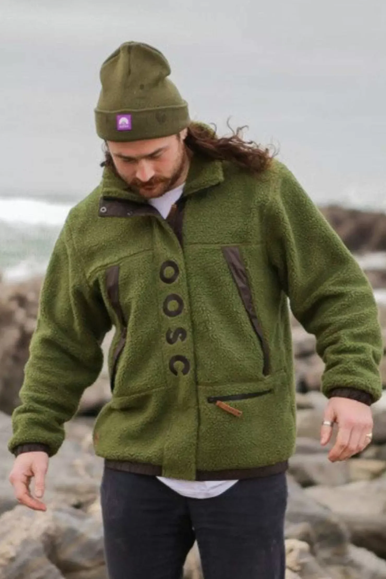 Men OOSC Fleeces>Sherpa Fleece Jacket - Khaki / Black - Men'S