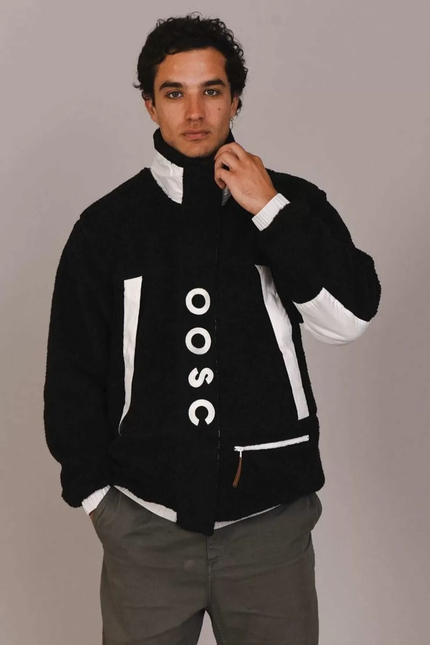 Men OOSC Fleeces>Sherpa Fleece Jacket Black / White - Men'S