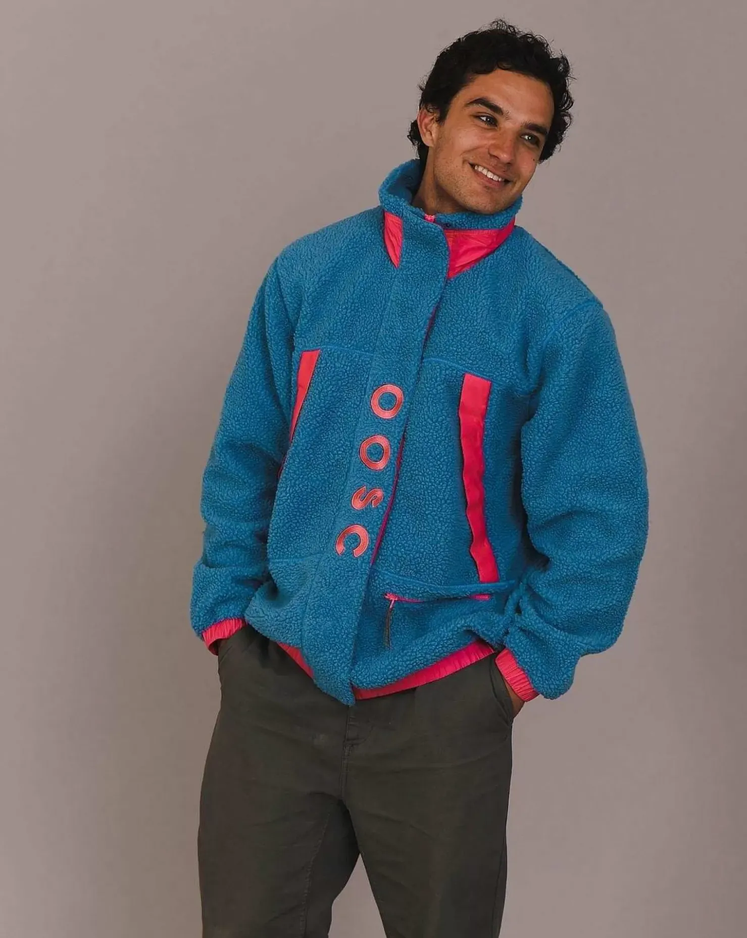 Men OOSC Fleeces>Sherpa Fleece Jacket Blue / Pink - Men'S