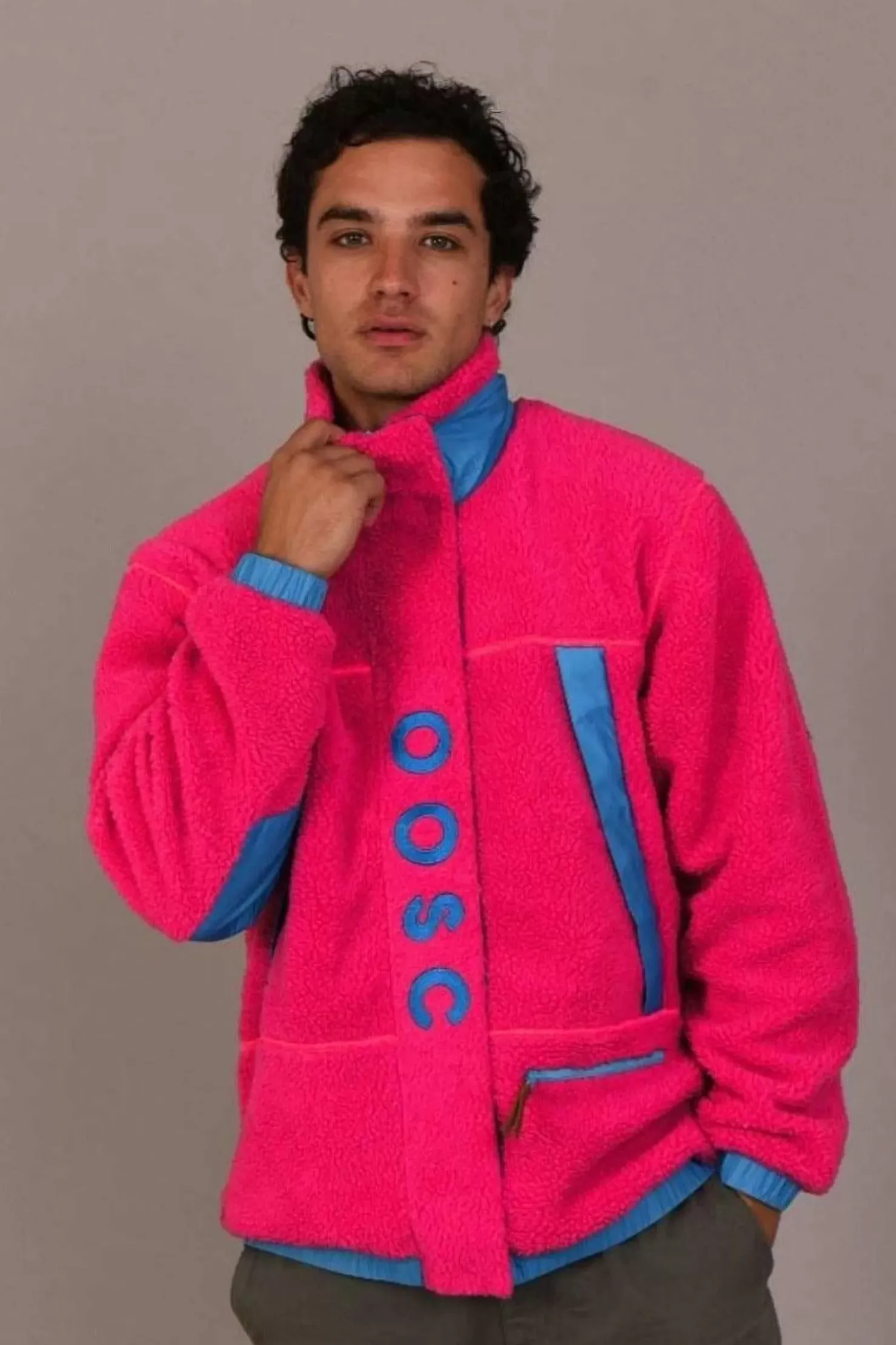 Men OOSC Fleeces>Sherpa Fleece Jacket Pink / Blue - Men'S