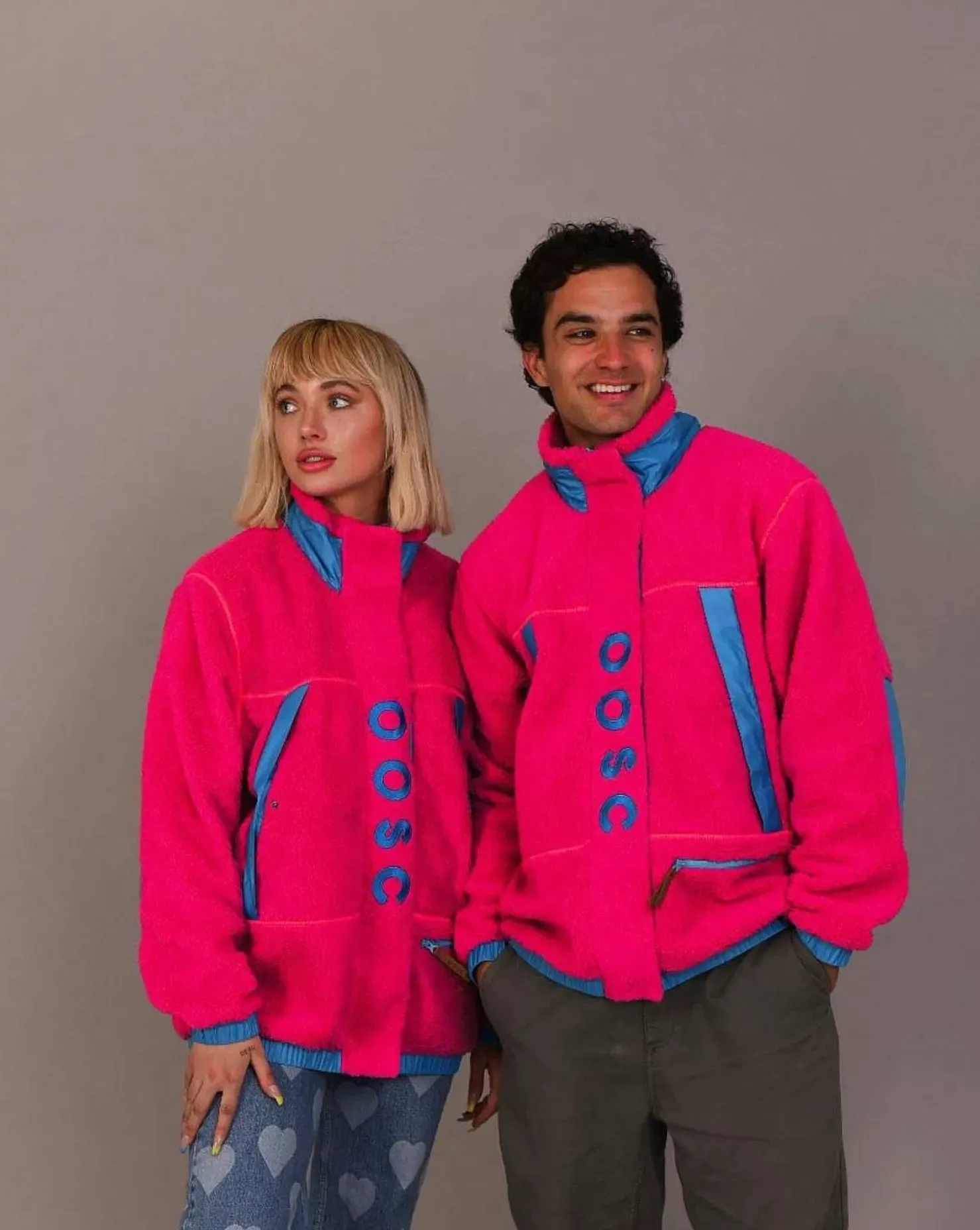 Men OOSC Fleeces>Sherpa Fleece Jacket Pink / Blue - Men'S