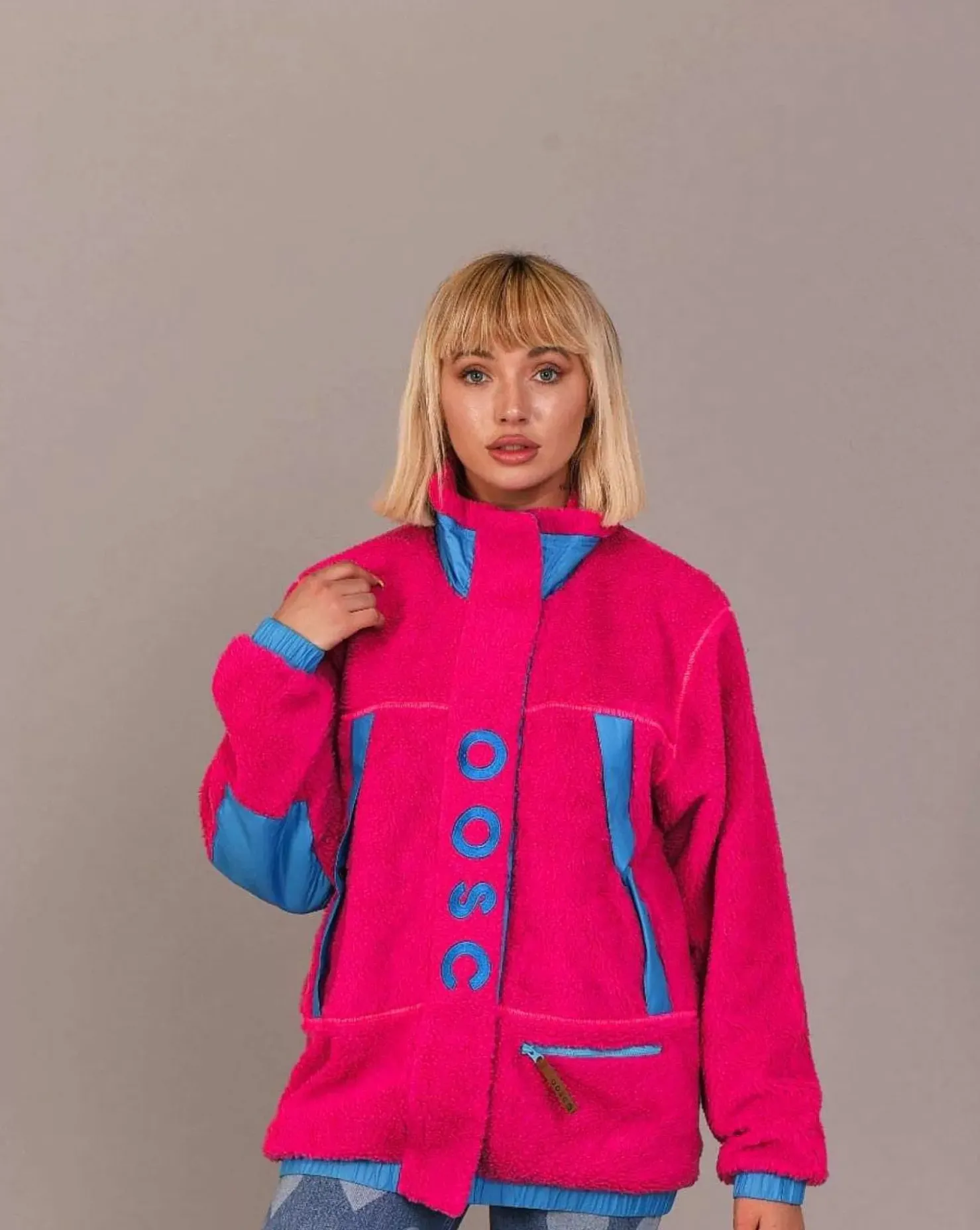 Women OOSC Fleece>Sherpa Fleece Jacket Pink / Blue - Women'S